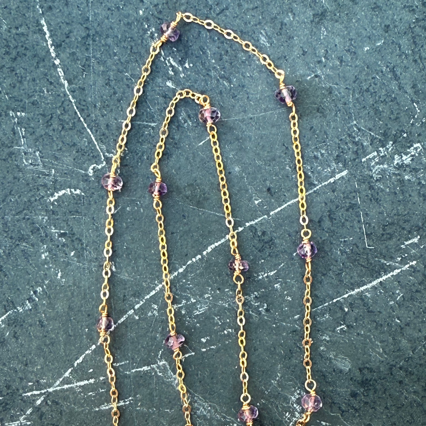 Amethyst station necklace on gold filled chain